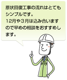 原状回復工事の流れはとてもシンプルです。12月や３月は込み合いますので早めの相談をおすすめします。
